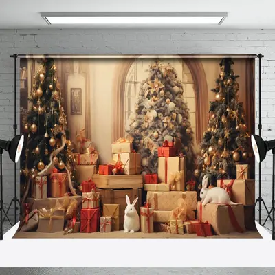 Aperturee Christmas Scene Golden Ornaments Rabbit Backdrop