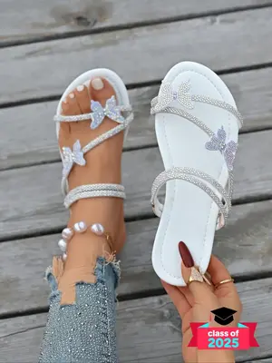 Women's Fashionable Butterfly Decorated Slides, Fancy Sandals, Casual Comfortable Flat Sandals for Summer, Elegant Sandal, Fa...