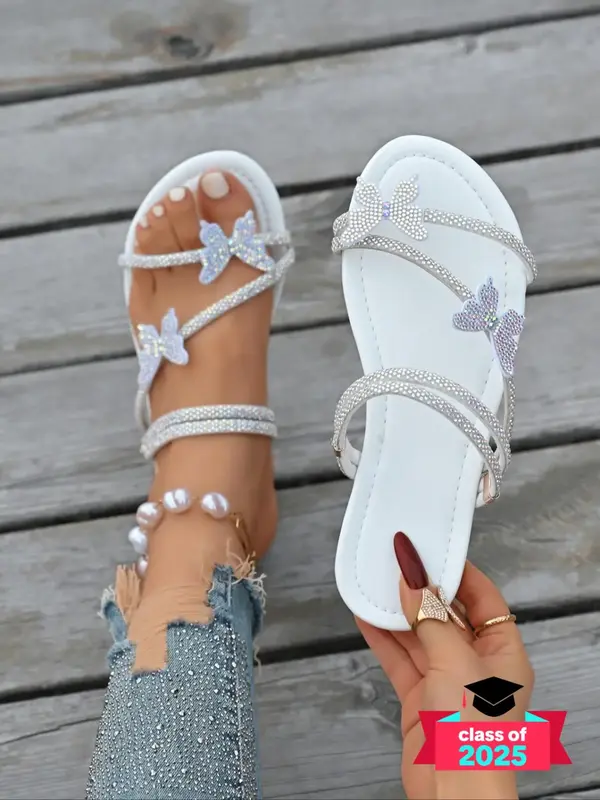 Women's Fashionable Butterfly Decorated Slides, Fancy Sandals, Casual Comfortable Flat Sandals for Summer, Elegant Sandal, Fa...