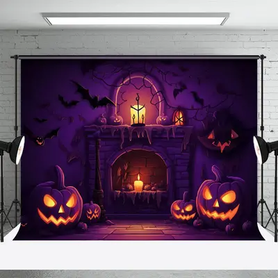 Halloween Pumpkin Candle Fireplace Portrait Backdrop - Aperturee