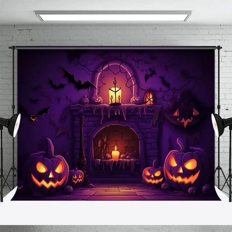 Halloween Pumpkin Candle Fireplace Portrait Backdrop - Aperturee