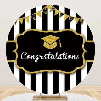 Black White Stripe Cap Round Congrats Grad Backdrop - Aperturee
