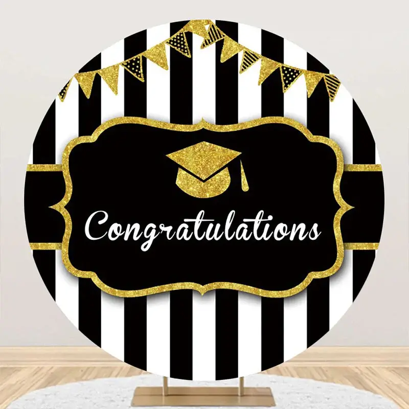 Black White Stripe Cap Round Congrats Grad Backdrop - Aperturee