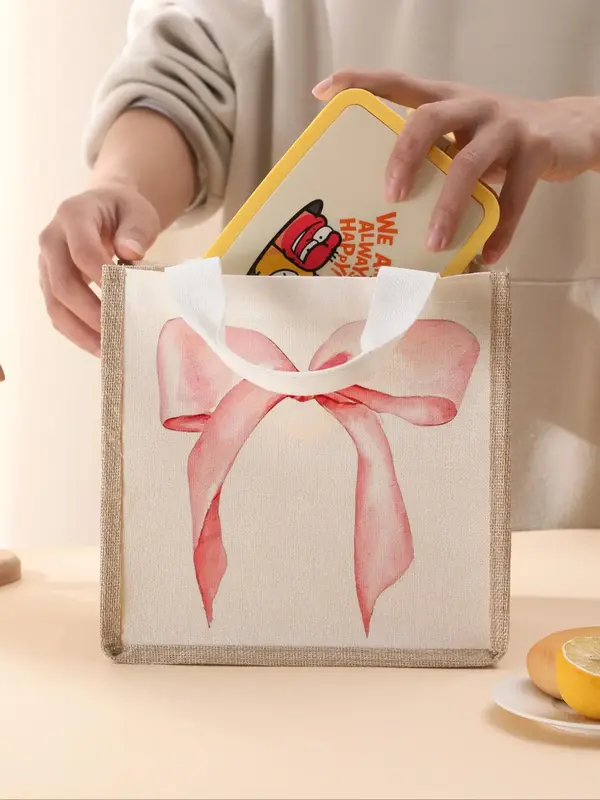 Bowknot Pattern White Lunch Bag, Portable Lunch Box Handbag, Large Capacity Durable Lunch Bag for Women & Men, Casual Insulat...