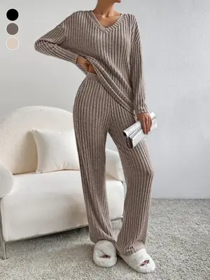 Women's Solid Color Ribbed Drop Shoulder Top & Pants Loungewear Two-Piece Set, Casual Comfy Long Sleeve V Neck Top & Pocket T...