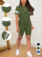 Two-piece Set Women's Colorblock Short Sleeve Tee & Skinny Shorts, Casual Fitted Round Neck Top & Shorts for Daily Wear, Ladi...