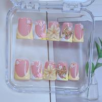 Y2K Style Pink Nails, Yellow French Tip, Handmade 3D Flower & Hand Drawn Design And Sparkling Rhinestone & Golden Bow Decor D...