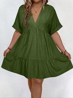 【Plus Size】Solid Color V Neck Dress, Casual Short Sleeve Dress for Summer, Women's Plus Clothing for Daily Wear