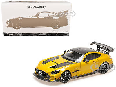 2021 Mercedes-Benz AMG GT Black Series Solarbeam Yellow Metallic with Black Top and Hood Stripes 1/18 Diecast Model Car by Mi...