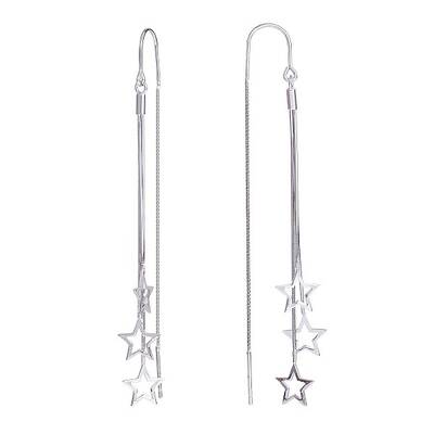 Anti-Tarnish Rhodium Plated 925 Sterling Silver Star with Chain Tassel Dangle Earrings