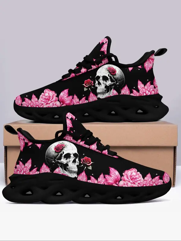 Women's Floral Skull Print Lace up Low Top Mesh Sneakers, Casual Sporty Running Shoes for Daily Wear, Ventilate Hollow out So...