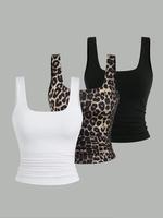 Women's Solid / Leopard Print Square Neck Tank Top, Casual Tight Fit Minimalist Sleeveless Top for Daily Wear, Ladies Clothes...