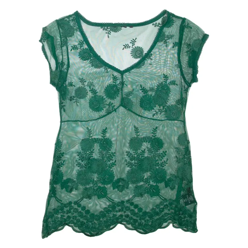 Sheer Womens Top Green V-Neck M