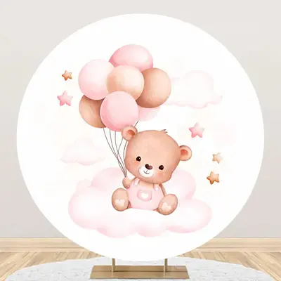 Circle Pink Cloud Balloon Bear Baby Shower Backdrop - Aperturee