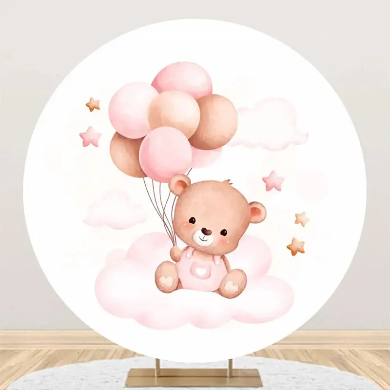 Circle Pink Cloud Balloon Bear Baby Shower Backdrop - Aperturee