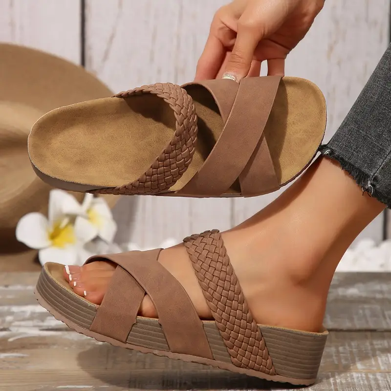 Women Fashion Sandals Thick Bottom Braided Cross Casual Slip-On Slippers Beach Sandals