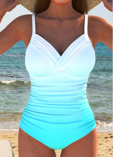 Modlily Surplice Ombre Cyan One Piece Swimwear - L