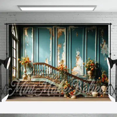 Flowers Blue Distressed Stairs Retro Wall Backdrop - Aperturee