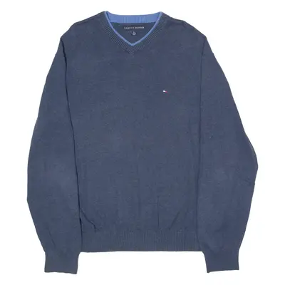 TOMMY HILFIGER Mens Jumper Blue V-Neck Tight Knit XL