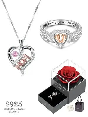 925 Sterling Silver Angel Wing Design Promise Ring & Heart Design Necklace, Fashion Jewelry for Party, Daily Clothing Decor, ...