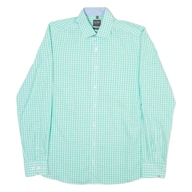 OLYMP Mens Shirt Green Check Long Sleeve M