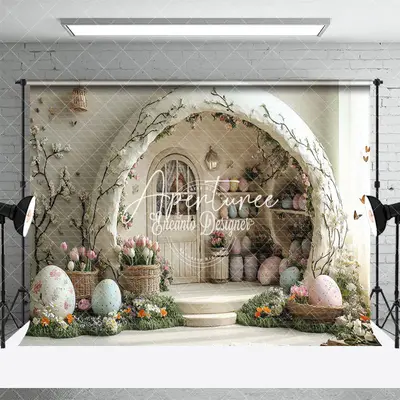 Aperturee White Wall Arch Hutch Eggs Floral Easter Backdrop, 3X2FT(1MX0.6M), 14 USD, easter backdrops, ENHD2J99-M