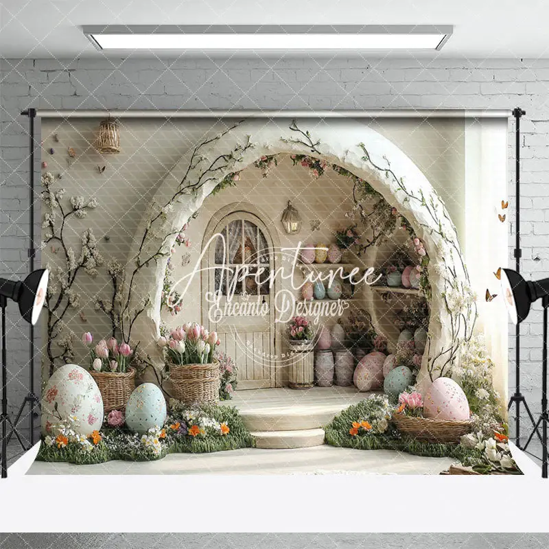 Aperturee White Wall Arch Hutch Eggs Floral Easter Backdrop, 3X2FT(1MX0.6M), 14 USD, easter backdrops, ENHD2J99-M