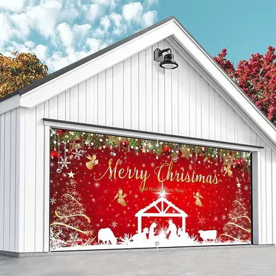 Aperturee Red Festive Christmas Nativity Garage Door Banner
