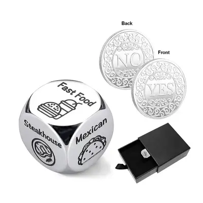 Food Decision Dice Decider & Yes/No Coin, 1 Set Creative Stainless Steel Dice with Gift Box, Party Favors for Men & Women, Gi...