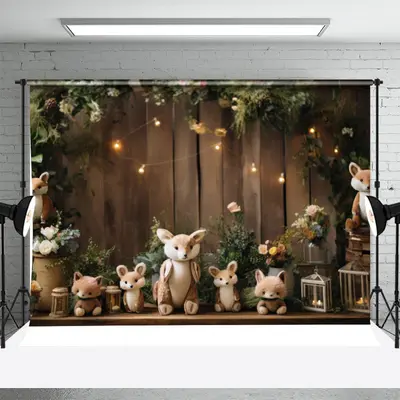 Animals Brown Wood Leaves Birthday Photo Backdrop - Aperturee