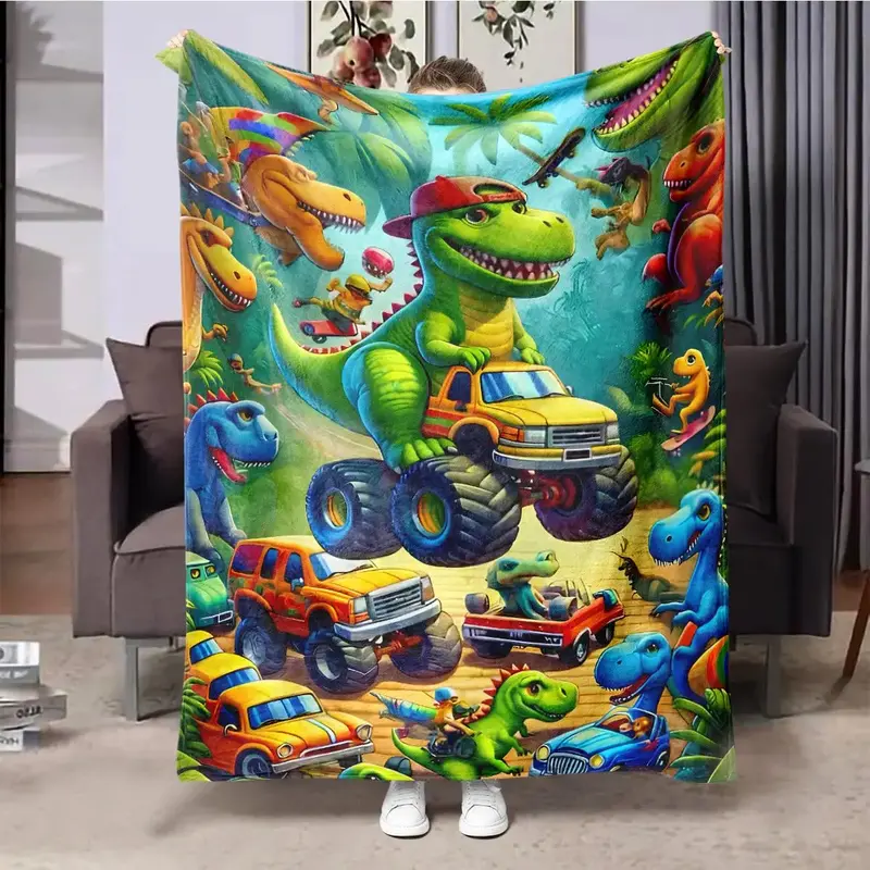 Cartoon Dinosaur Pattern Blanket, 1/2 Counts Soft Warm Napping Throw Blanket, Cool Bedroom Bedding Blankets for Home Office T...