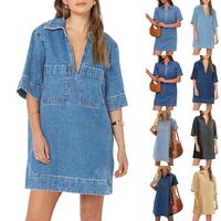 FMEYOA Womens Denim Shirt Dress Summer Collared V Neck Mini Casual Jean Dresses with Pockets