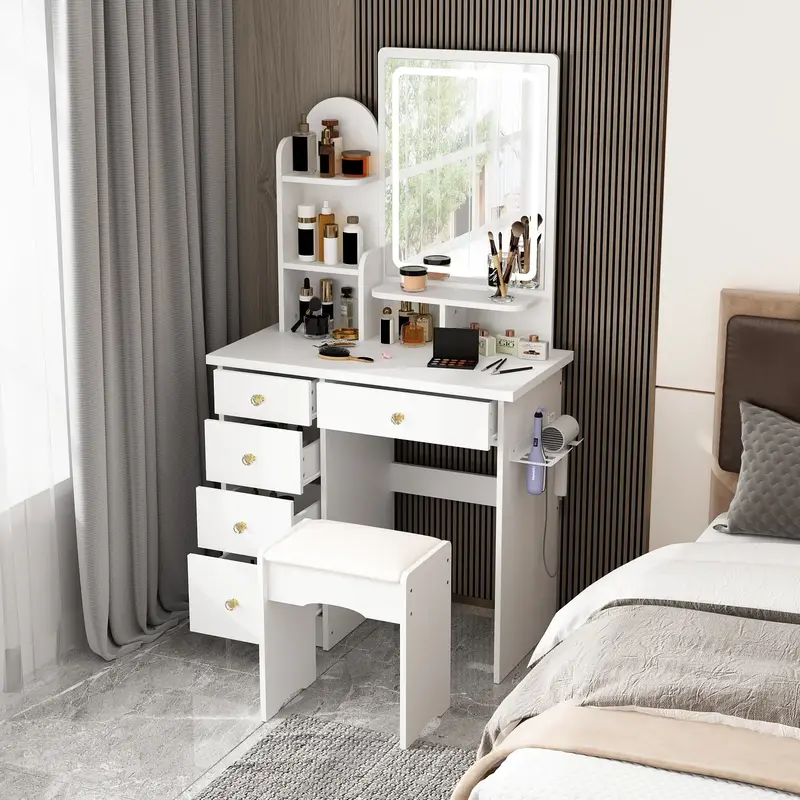 FUFU&GAGA Vanity Set With Mirror, Makeup Vanity Dressing Table With 5 Drawers, Shelves, Dresser Desk & Cushioned Stool Set, W...