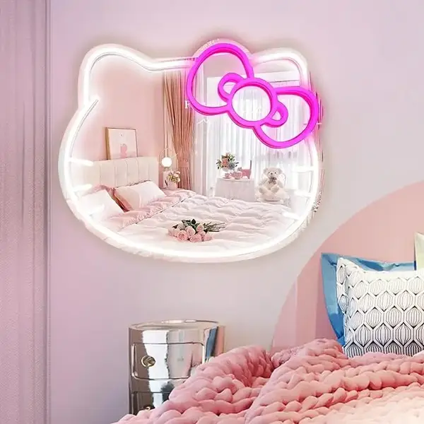 【FaddishDeal】Kitty Face home Decorative mirror for dressers, lockers, living rooms, neon lit acrylic mirror with dimmable...