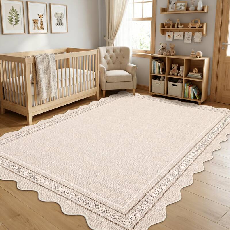 Garvee Scalloped Washable 5x7 Area Rugs for Living Room Non Slip Neutral Beige Rug Farmhouse Soft Bedroom Rugs Low Pile Folda...