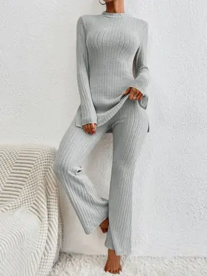 Women's Light & Thin Rib Knit Split Mock Neck Top & Flare Leg Bell Bottom Pants Matching Pjs Loungewear Set, Pyjamas Set for ...
