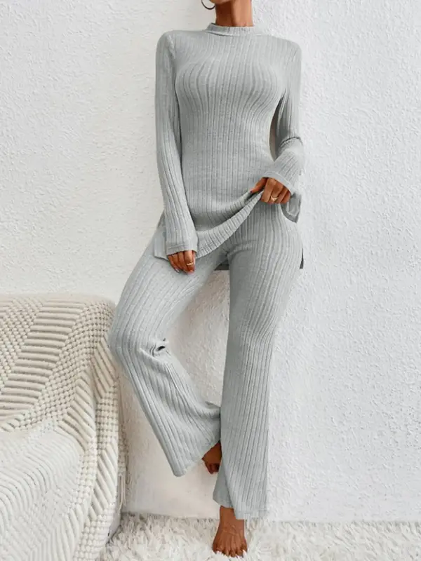 Women's Light & Thin Rib Knit Split Mock Neck Top & Flare Leg Bell Bottom Pants Matching Pjs Loungewear Set, Pyjamas Set for ...