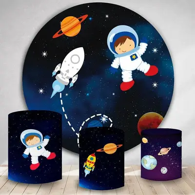 Aperturee Circle Little Astronaut Galaxy Birthday Party Backdrop | Circle Party Backdrop | Round Birthday Backdrop Cover | Ro...