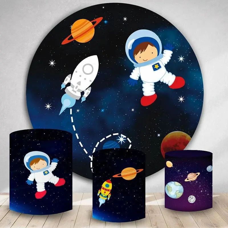 Aperturee Circle Little Astronaut Galaxy Birthday Party Backdrop | Circle Party Backdrop | Round Birthday Backdrop Cover | Ro...