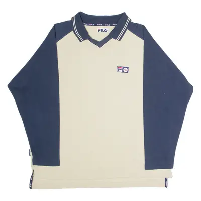 FILA Mens Patterned Jumper Cream Colourblock Collared 90s Tight Knit XL