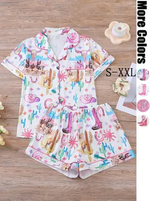 Women's All Over Print Shirt & Shorts Pajama, Western Cowboy Style Casual Comfy Short Sleeve Pocket Top & Shorts Set, Ladies ...