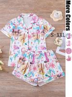 Two-piece Set Women's All Over Print Shirt & Shorts Pajama, Western Cowboy Style Casual Comfy Short Sleeve Pocket Top & Short...
