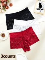 【Plus Size】 Solid Contrast Lace Knicker, Floral Jacquard Panty, Women's Soft Comfy Breathable Underwear for Fall Daily We...