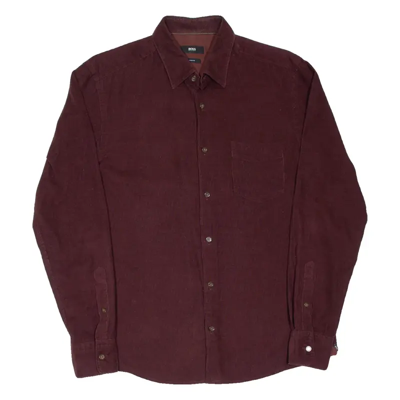 BOSS Slim Fit Mens Plain Shirt Maroon Long Sleeve M