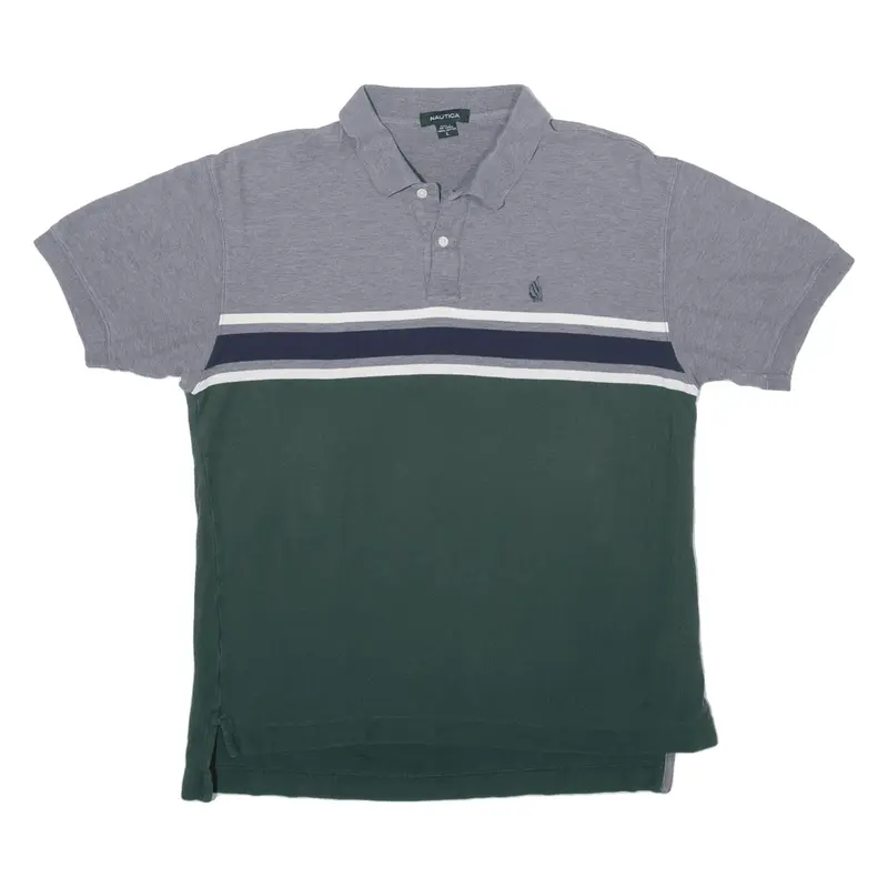 NAUTICA Polo Shirt Green Striped Short Sleeve Mens L