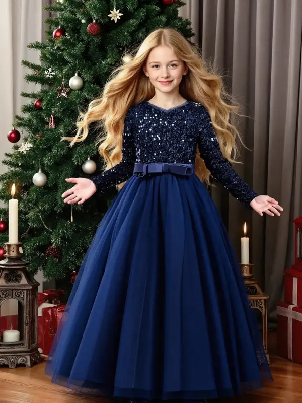 Girls' Christmas Party Dress, Elegant Sequined Evening Gown, Long Sleeve Bow Front Mesh Skirt, Perfect for Birthdays & Celebr...