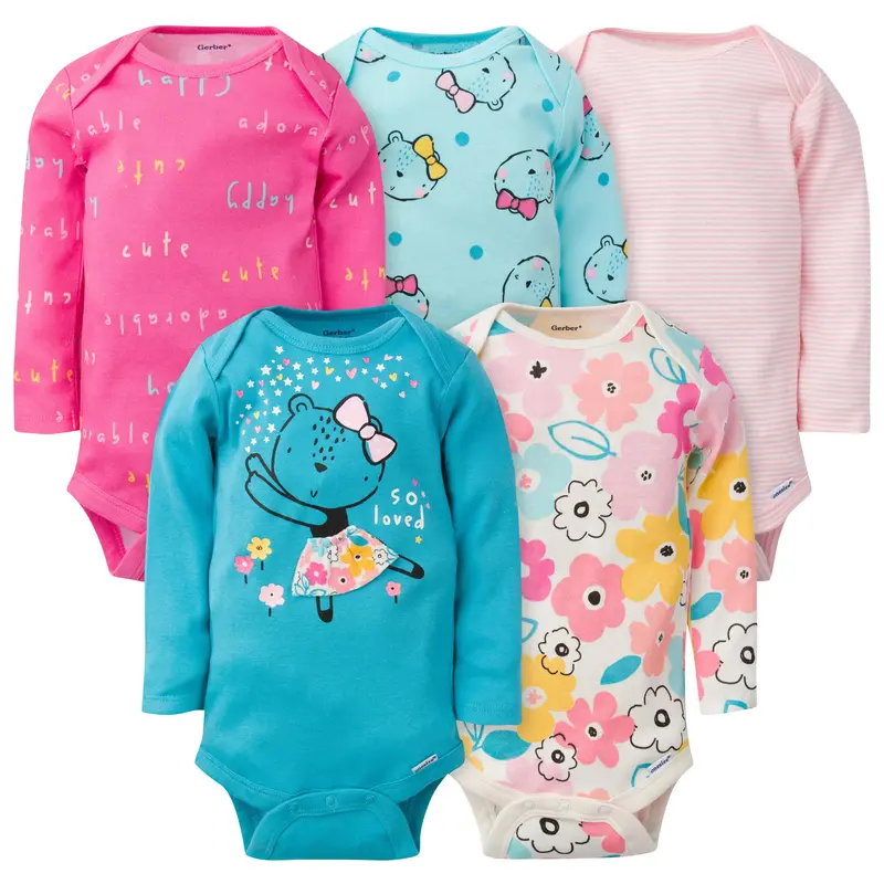 Baby Girls' Adorable Bear 5-Pack Long Sleeve Onesies Bodysuits