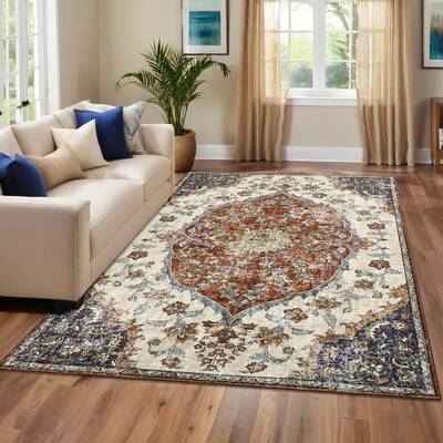 Garvee Vintage Bohemian Area Rug 5x7 - Machine Washable, Non-Slip, Soft Floral Design - 100% Polyester with TPR Backing - Low...