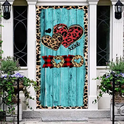 Leopard Hearts Blue Wood Valentines Day Door Cover - Aperturee