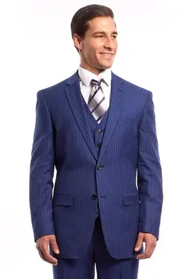 French Blue Pinstripe Men's Business Suit - Two Button Vested Style